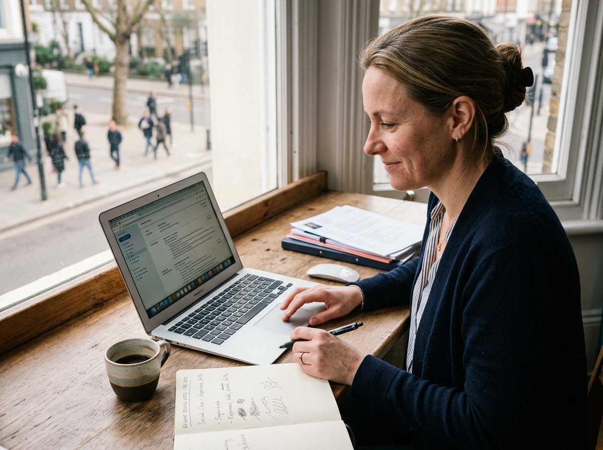 Hiring manager reviewing résumés on a laptop